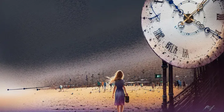 ((clock background:1.7)), ((a girl trapped in time:1.3)), intricate details illuminated by a soft and eerie glow, (clock's minute hand moves with precision, hour hand follows in steady rhythm, marking the passage of time), (Time seems to bend and twist, creating a sense of disorientation and wonder:1.4),
an air of mystery and intrigue,
(masterpiece, best quality), ((Mystery, Fantasy)), modern art, abstract, abstract background, (muted colors, dim colors, soothing tones:1.3), cinematic lighting, <lora:add_detail:0.5>, <lora:jzcg040-watercolor :0.8>