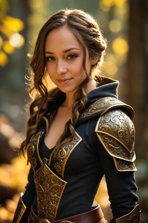 remy lacroix, roguelike dnd, female rogue hair, canvas hood, light armor, intricate black armor, gold accents, beautiful, adventure core, Cinematic lighting, Volumetric lighting, Epic composition, Photorealism, Bokeh blur, natural skin, <lora:MJ52:0.4>, sharp focus, highly detailed <lora:remy lacroix sdxl:0.8>