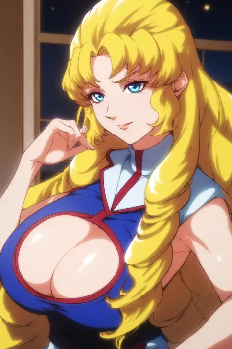 (Night:1.7), Japan, Tokyo, CityView, Before Window,
Standing at attention,
blue shirt,cleavage,cleavage cutout, 
<lora:Nelly_Olson_Gundam-KK77-V1:0.7>
bangs, blonde hair, blue eyes,
1 girl, 24yo,mature female,Beautiful Finger,Beautiful long legs,Beautiful body,Beautiful Nose,Beautiful character design, perfect eyes, perfect face,
looking at viewer, in the center of the image,(Upper_body),(close-Up),(Focus on her face),
NSFW,official art,extremely detailed CG unity 8k wallpaper, perfect lighting,Colorful, Bright_Front_face_Lighting,
(masterpiece:1.0),(best_quality:1.0), ultra high res,4K,ultra-detailed,
photography, 8K, HDR, highres, absurdres:1.2, Kodak portra 400, film grain, blurry background, bokeh:1.2, lens flare, (vibrant_color:1.2)
(Beautiful,large_Breasts:1.4), (beautiful_face:1.5),(narrow_waist),