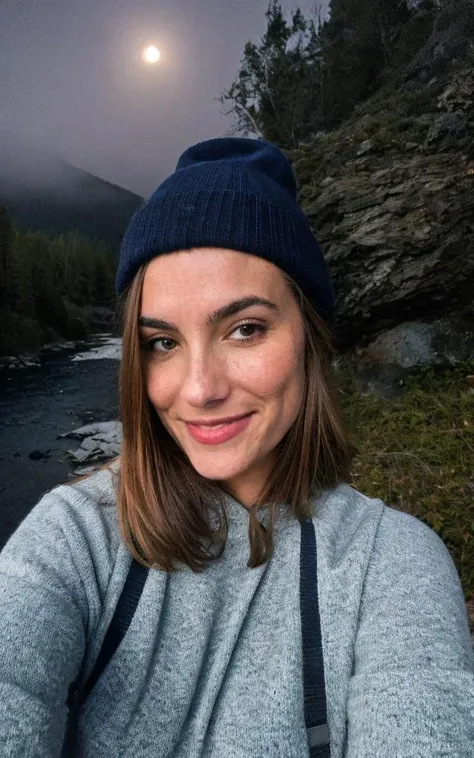 photograph, photo of beautiful woman, selfie, upper body, solo, wearing pullover, outdoors, (night), mountains, real life nature, stars, moon, cheerful, happy, gloves, sweater, beanie, forest, rocks, river, wood, smoke, fog, looking at viewer, skin texture, photo grain, close up, RAW photo