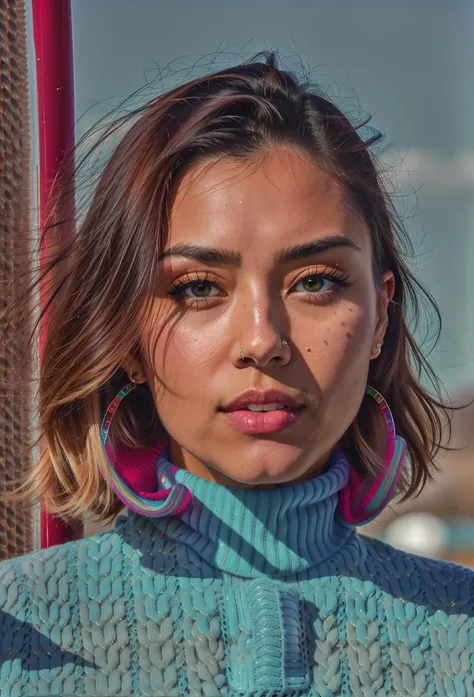 color professional photo of (EmmaBinnya:0.8), uhq, detailed face, piercing eyes, (wearing plastic turtleneck sweater with a polo shirt:1.4), best quality, ultra-detailed, solo, contrast, clear sky, analog style (look at viewer:1.2) (skin texture) (film grain:1.3), rainbow of colors, rainbow-candy, close up, cinematic light, backlighting, ultra high res, best shadow, RAW