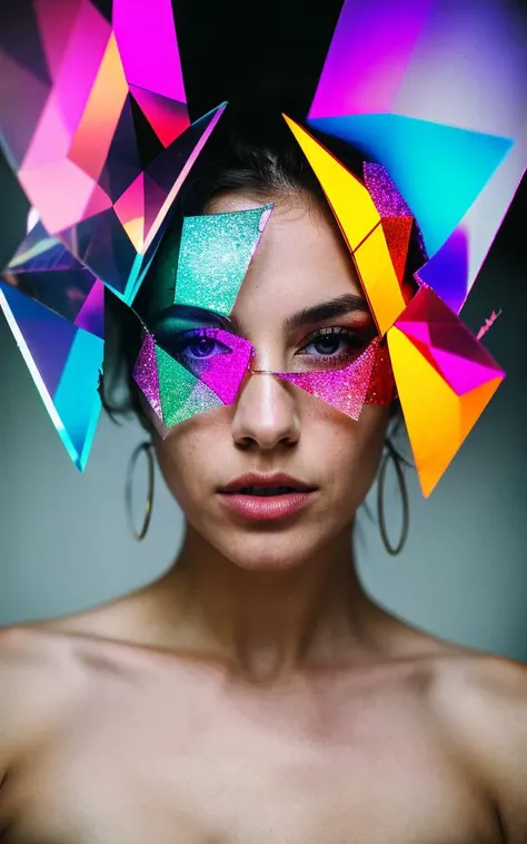 abstract broken glass photograph of woman, fractal photo, artistic style, fashion portrait, hard focus, prism color
