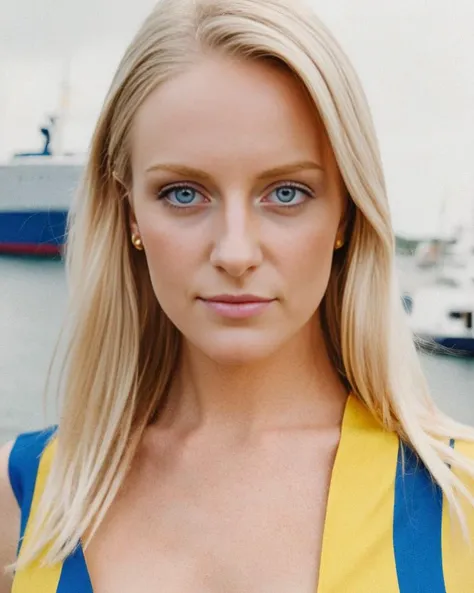 RAW, 50mm f1.3  Photograph   of a beautiful, petite, fit  21 year old Swedish woman  with Pale Blonde  hair and bright glossy Sky Blue eyes, Nordic features with a statuesque elegance wearing Lingerie in blue and yellow hues, featuring minimalistic design inspired by Swedish flag posing infront of Vasa Museum in Stockholm Preserved 17th-century ship, maritime museum in the background
