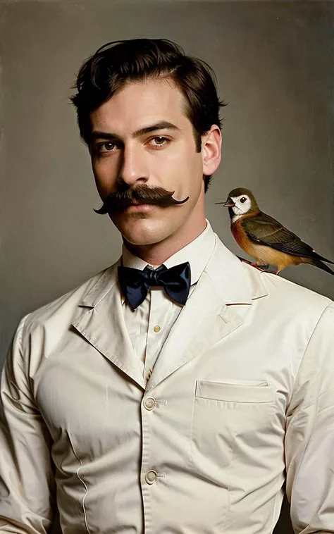 a painting of a man with a mustache and a bow tie with a bird on his shoulder by John Singer Sargent