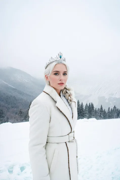 photograph, photo of beautiful woman, elsa from frozen movie, white hair, braided, cleavage, queen outfit, (queen crown), heavy snow, snowy foreground, fog, icebergs, photo grain, cinestill, super 8 film grain, cinematic lut