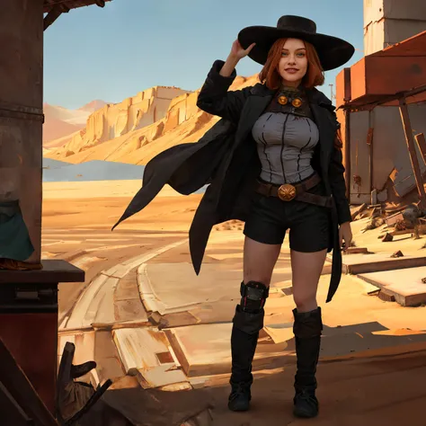 an attractive woman [gunslinger:bounty hunter:0.4] standing in a apocalyptic wilderness (ducreux style:1) <lora:djzDucreux_LB2:0.8>