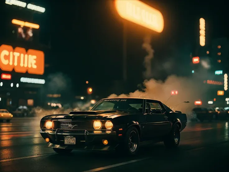 analog style, american muscle car with very bright driving lights, classic, chrome, bright colors, flames, sparks, smoke, shot on Fujifilm Superia 400, Short Light, (Blade Runner style city), 32k, cinematic composition, professional color grading, film grain, atmosphere, wondrous,