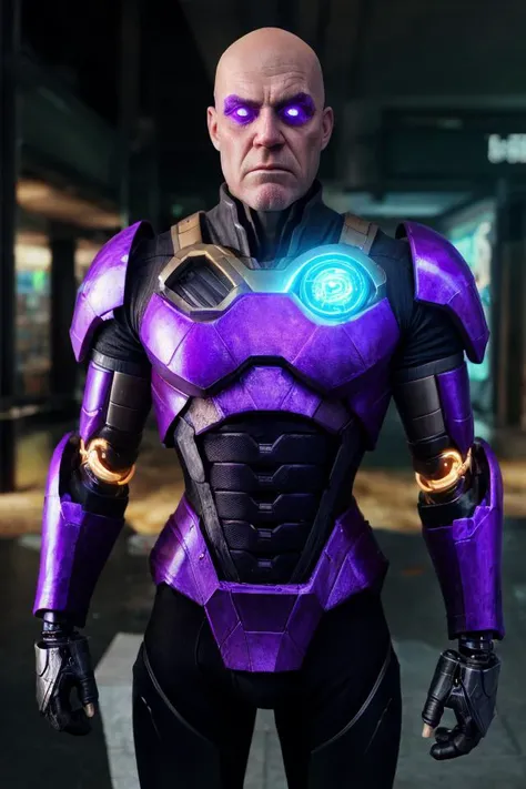 (((bald)) Josh Brolin:1.1) as male (Thanos:1.1) marvel character (((having purple skin))) (wearing Thanos cybernetic edgerunner armor wearing one eye visor:1.5), (masculine male heavyweight figure:1.5), (reimagined in a cyberpunk universe), (cyberpunk style), (cyberpunk), (cyberpunk style thanos armour), bald, ((mechanical augmentation)), ((cybernetics)), glowing neon lights, cinematic scene, hero view, action pose, beautiful 8k, detailed background, masterpiece, best quality, high quality, absurdres, vivid, detailed skin texture, on a cyberpunk planet, (brooding:0.5), (goosebumps:0.5), subsurface scattering, <lora:GoodHands-vanilla:1> <lora:add_detail:.6> realistic eyes, golden ration, face and body in proportion, <lora:LowRA:.6> <lora:epiCRealLife:.6>