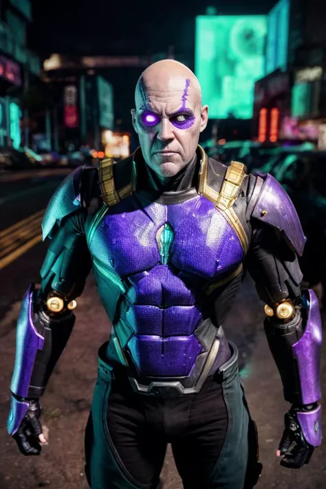 (((bald)) Josh Brolin:1.1) as male (Thanos:1.1) marvel character (((having purple skin))) (wearing Thanos cybernetic edgerunner armor wearing one eye visor:1.5), (masculine male heavyweight figure:1.5), (reimagined in a cyberpunk universe), (cyberpunk style), (cyberpunk), (cyberpunk style thanos armour), bald, ((mechanical augmentation)), ((cybernetics)), glowing neon lights, cinematic scene, hero view, action pose, beautiful 8k, detailed background, masterpiece, best quality, high quality, absurdres, vivid, detailed skin texture, on a cyberpunk planet, (brooding:0.5), (goosebumps:0.5), subsurface scattering, <lora:GoodHands-vanilla:1> <lora:add_detail:.6> realistic eyes, golden ration, face and body in proportion, <lora:LowRA:.6> <lora:epiCRealLife:.6>