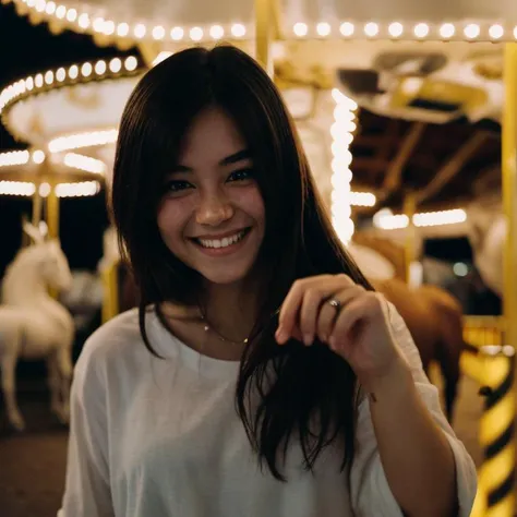 Zeiss Ikon Box Tengor, 90mm f/6.3, 1/25s, ISO 50, Plaubel Anticomar,  cinematic photo, 1girl, candid shot, in a merry-go-round, feeling happy, laugh, girl friend feel, nighttime, starry sky, reach out her hand trying to let you grab,
 . 35mm photograph, film, bokeh, professional, 4k, highly detailed