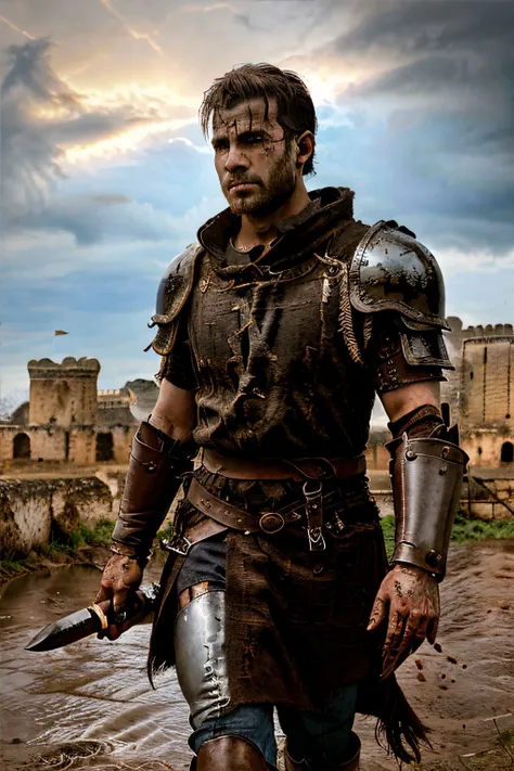 a photo of a man, walking on a muddy path through a ruined medieval town , castle , castle in the background , wearing full plate armour , no head covering , (holding a great sword:1.2) , (blood stains on armor:1.3) , head bowed, wet light brown hair , beard stubble, with an angry expression, action , towards the viewer, rain, dark cloudy sky, night sky , cowboy,(extremely detailed CG unity 8k wallpaper), photo of the most beautiful artwork in the world, professional photorealistic picture, NIKON, Antonio Moro, trending on ArtStation, trending on CGSociety, Intricate, High Detail, Sharp focus, dramatic, photorealistic painting art by midjourney and greg rutkowski, looking at viewer, detailed eyes ,(perfect eyes) <lora:EdobMedievalCastle_v1.0:1>