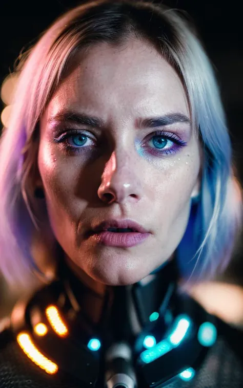 Hyper-realistic close up portrait of a (cyberpunk woman), ((female)), (albino) skin, detailed (one striking blue human eye and one cybernetic glowing eye), rugged, adaptive, (half human face, half cybernetic enhancements seamlessly integrated), (futuristic neon-lit cityscape reflecting in the cybernetic eye), with a detailed enigmatic face, full body, (fashionable and functional cyberpunk attire), regal, elegant, realistic, hyper realistic, highly detailed, depth of field, Detailed and Intricate, Photo, HD, Cinematic, Dynamic Lighting, (bokeh), ((beautiful)), lens flare, (god rays:1.1), (cinema effect), gradient colour progression, cinematic film grain, (subsurface scattering),((detailed face and eyes)), (detailed iris:1.3)