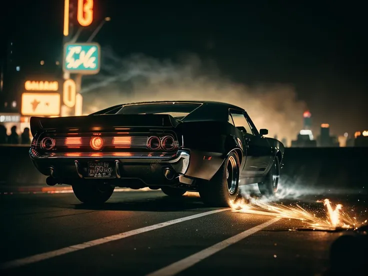 analog style, american muscle car with very bright driving lights, classic, chrome, bright colors, flames, sparks, smoke, shot on Fujifilm Superia 400, Short Light, (Blade Runner style city), 32k, cinematic composition, professional color grading, film grain, atmosphere, wondrous,