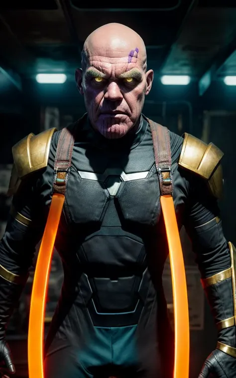 <lora:thanos:1>, bald josh brolin as male thanos marvel character (having purple skin:1.1) wearing (transformers style armour:1.1), (reimagined in a cyberpunk universe), (cyberpunk style), (cyberpunk), (cyberpunk style thanos armour), bald, (augmentation), (cybernetics), glowing neon lights, cinematic scene, hero view, action pose, beautiful 8k, detailed background, masterpiece, best quality, high quality, absurdres, vivid, detailed skin texture, (neon glow tubes running through the outfit:1.1), (brooding:0.5), (goosebumps:0.5), subsurface scattering,  <lora:epi_noiseoffset2:1> <lora:GoodHands-vanilla:1> <lora:add_detail:1>