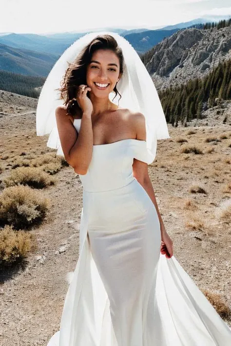 photo of a woman, dressed in a wide white (ball gown:1.3), cute smile, tailbone length hair, dramatic cinematic lut, (full body:1.7), standing in the High Sierra Mountains, shallow depth of field