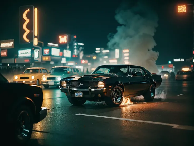 analog style, american muscle car with very bright driving lights, classic, chrome, bright colors, flames, sparks, smoke, shot on Fujifilm Superia 400, Short Light, (Blade Runner style city), 32k, cinematic composition, professional color grading, film grain, atmosphere, wondrous,