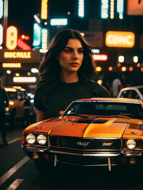 analog style, american muscle car with very bright driving lights, classic, chrome, bright colors, crowd of people, shot on Fujifilm Superia 400, Short Light, (Blade Runner style city), (very sunny), 32k, cinematic composition, professional color grading, film grain, atmosphere, wondrous,