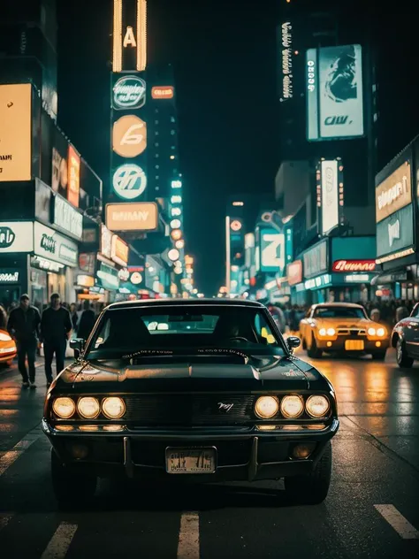 analog style, american muscle car with very bright driving lights, classic, chrome, bright colors, crowd of people, shot on Fujifilm Superia 400, Short Light, (Blade Runner style city), (very sunny), 32k, cinematic composition, professional color grading, film grain, atmosphere, wondrous,