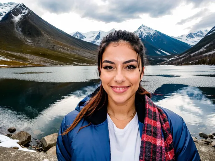 1girl,beautiful latina babe poses in front of a beautiful mountain and lake,looking at you,facing view,fantasy setting,sailor,smirk,seductive_smile,wide_shot,looking_at_viewer,highres,absurdres,incredibly absurdres,huge filesize,wallpaper,colorful,photo_(medium),reality,realistic,raw photo,HDR,in winter,winter coat,stylish winter clothes,bomber_jacket,eye contact,