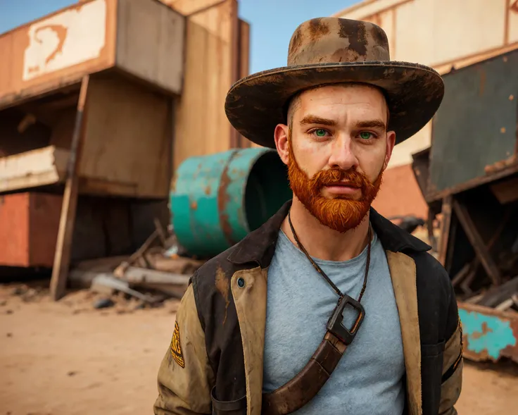 <lora:cragsand:0.70>, ((1boy)), ((solo)), handsome man, ginger beard, green eyes, photo, 8k uhd, dslr, soft lighting, high quality, Fujifilm XT3, cowboy hat, photo, professional, bald, accurate figure, aesthetically pleasing, correct hands, post apocalyptic, desert wasteland background, best quality, portrait, (masterpiece, top quality, best quality), trending on artstation, looking at you, portrait, jacket, scrap town, junkyard