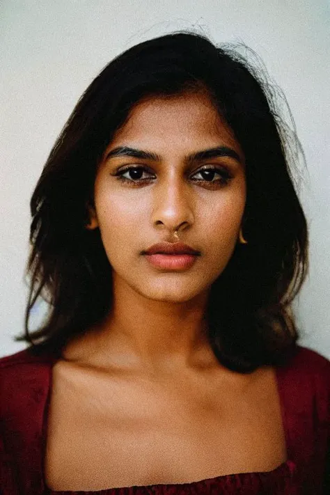 (Analog), ((designer dress)),best quality, masterpiece, sri lankan|indian, kind eyes, (age 18), natural breasts, very large nose, detailed face, sharp jawline, (plump lips:1.3), 1girl, brunette,(by Terry Richardson:1.2), skin details,