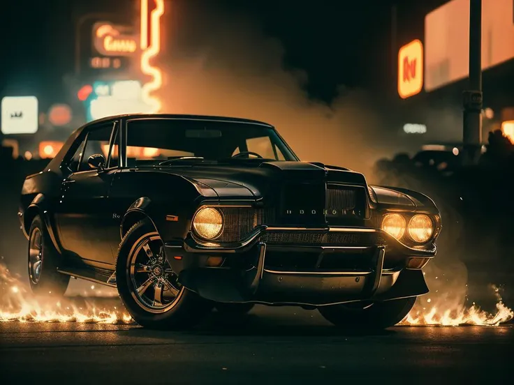 analog style, american muscle car with very bright driving lights, classic, chrome, bright colors, flames, sparks, smoke, shot on Fujifilm Superia 400, Short Light, (Blade Runner style city), 32k, cinematic composition, professional color grading, film grain, atmosphere, wondrous,