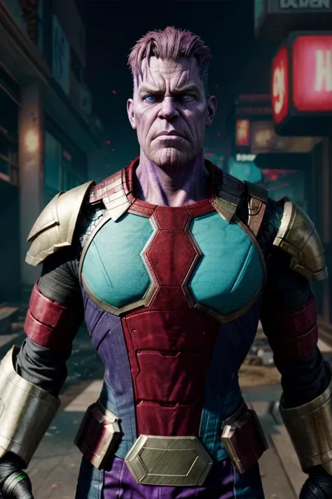full shot, <lora:thanos:1>, bald josh brolin as male (Thanos:1.1) marvel character (((having purple skin))) wearing (Thanos MCU armour:1.5), (reimagined in a cyberpunk universe), (cyberpunk style), (cyberpunk), (cyberpunk style thanos armour), bald, ((mechanical augmentation)), ((cybernetics)), glowing neon lights, cinematic scene, hero view, action pose, beautiful 8k, detailed background, masterpiece, best quality, high quality, absurdres, vivid, detailed skin texture, on a cyberpunk planet, (brooding:0.5), (goosebumps:0.5), subsurface scattering, <lora:epi_noiseoffset2:1> <lora:GoodHands-vanilla:1> <lora:add_detail:1>