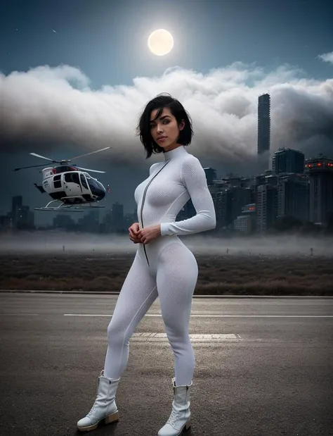 photograph, best quality, photorealistic, full body, extremely detailed, 8k, finely detail, ultra-detailed, extremely detailed, looking at viewer, full body,  <lora:detailed_eye:1>, nijistyle, cowboy shot of giant lady in white bodysuit, short black hair, hands on hips, ruined city, helicopter in sky, night, particles, fog, moon, science fiction