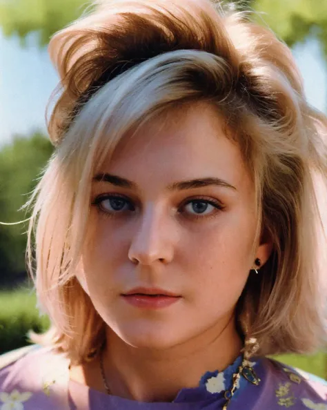 blonde hair,1980s \(style\), vintage photo, a picture of natpok, masterpiece, best quality, delicate skin, blurry background,  detailed, 4k, HDR, backlighting, bloom, light, RAW color photo, detailed, (fully in frame:1.1), (blush:0.5), (goosebumps:0.5),  <lora:natpok:1>
