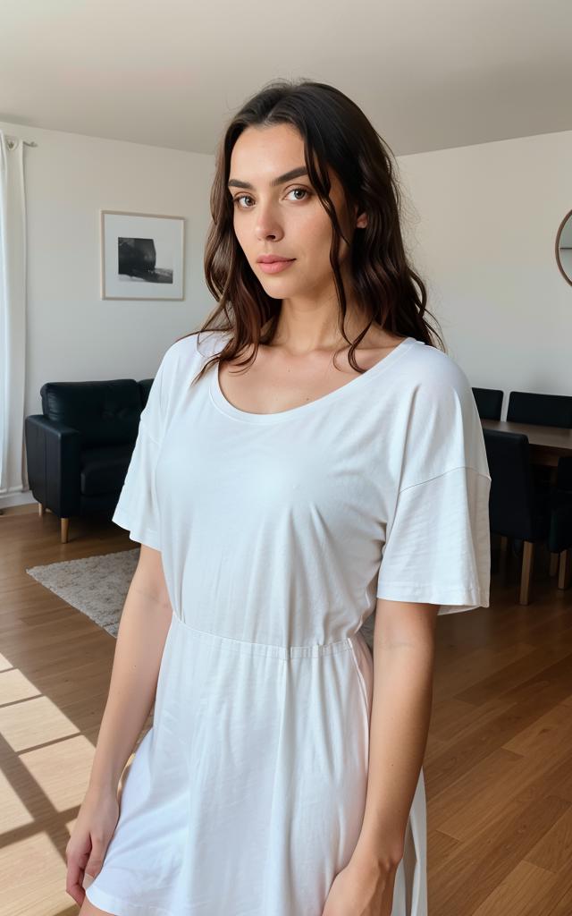 A woman in a white dress standing in a living room - SeaArt AI