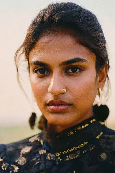 (Analog), ((designer dress)),best quality, masterpiece, sri lankan|indian, kind eyes, (age 18), natural breasts, very large nose, detailed face, sharp jawline, (plump lips:1.3), 1girl, brunette,(by Terry Richardson:1.2), skin details,