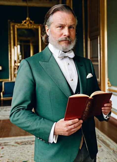 1800s, russian nobility, middle aged man, wearing a formal noble outfit, royal palace, holding a book, wig, HD, 4k, 8k, masterpiece, high quality, best quality,
