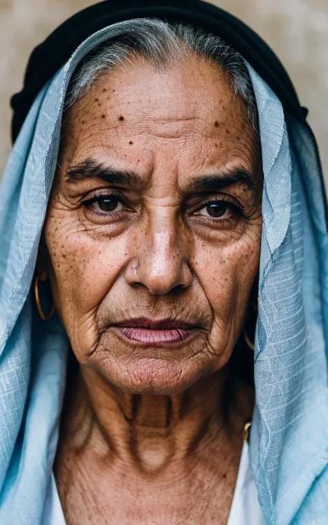photograph, portrait, arabian oldwoman, high detailed skin texture and pores, deep wrinkles, mole, beauty mark, intricate, dragan effect, dark theme, mate color, film grain, dimly lit, dramatic photo