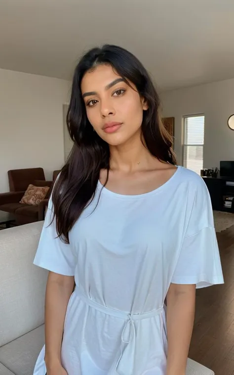 photorealistic, raw photo, best quality, selfie photo of beautiful Emel Kbra, selfie in living room, oversized loose t-shirt dress, detailed pores, real life indoor lighting, taken with mobile cam, grainy, flashlight, instagram LUT