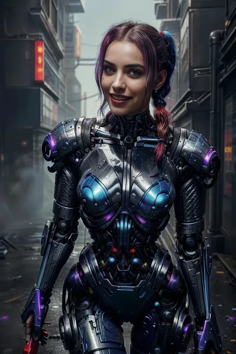 a portrait photography of harley quinn with ((blue and purple dyed unkempt and messy hair and (two top ponytails on both sides of the head:1.1)), (having bionic arms:1.5) from cyberpunk 2077 game, face tattos of card symbols, (maniacal grin showing teeth:1.1), holding a metallic high striker hammer, standing on top of building with a dystopian neon cyberpunk city, rugged looking, ((looking at viewer)), action pose, (wearing cyberpunk style ((red and blue chrome metallic transformers like suit))), perfect eyes, perfect iris, identical eyes, identical iris, face to body proportion, golden ratio, symmetrical eyes, symmetrical iris, balanced eyes, sharp eyes, realistic eyes, perfect fingers, <lora:CyberPunkAI:.6> <lora:add_detail:.8>