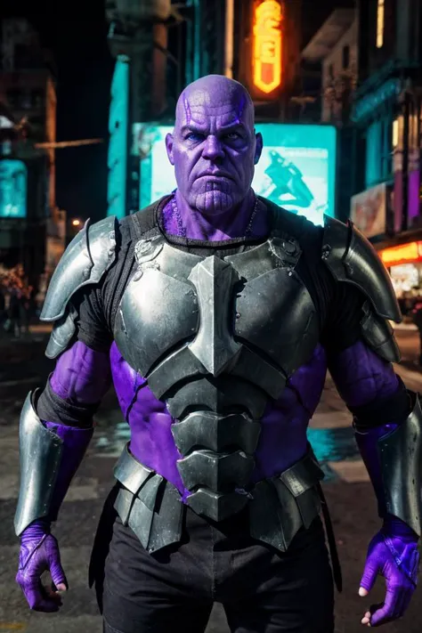 (bald Josh Brolin:1.1) as male (Thanos:1.1) marvel character (((having purple skin))) (wearing Thanos armor:1.5), (masculine male heavyweight figure:1.5), (reimagined in a cyberpunk universe), (cyberpunk style), (cyberpunk), (cyberpunk style thanos armour), bald, ((mechanical augmentation)), ((cybernetics)), glowing neon lights, cinematic scene, hero view, action pose, beautiful 8k, detailed background, masterpiece, best quality, high quality, absurdres, vivid, detailed skin texture, on a cyberpunk planet, (brooding:0.5), (goosebumps:0.5), subsurface scattering, <lora:GoodHands-vanilla:1> <lora:add_detail:.6> realistic eyes, golden ration, face and body in proportion,  <lora:LowRA:.6> <lora:epiCRealLife:.6>