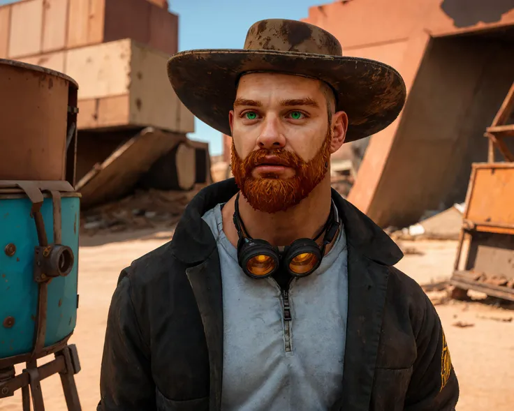 <lora:cragsand:0.70>, ((1boy)), ((solo)), handsome man, ginger beard, green eyes, photo, 8k uhd, dslr, soft lighting, high quality, Fujifilm XT3, cowboy hat, photo, professional, bald, accurate figure, aesthetically pleasing, correct hands, post apocalyptic, desert wasteland background, best quality, portrait, (masterpiece, top quality, best quality), trending on artstation, looking at you, portrait, jacket, scrap town, junkyard, wearing rusty scrap armor under jacket