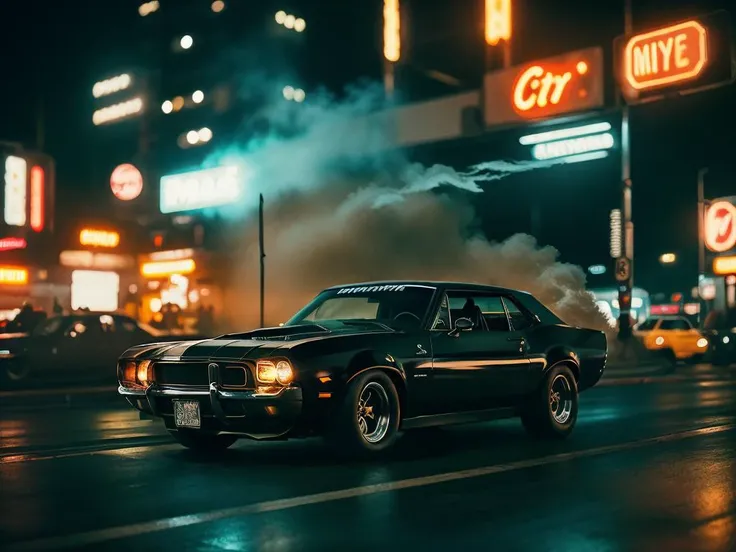 analog style, american muscle car with very bright driving lights, classic, chrome, bright colors, flames, sparks, smoke, shot on Fujifilm Superia 400, Short Light, (Blade Runner style city), 32k, cinematic composition, professional color grading, film grain, atmosphere, wondrous,