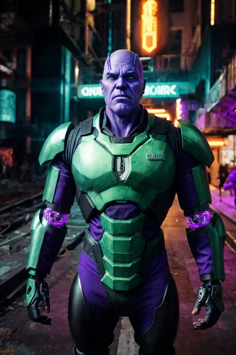 (((bald)) Josh Brolin:1.1) as male (Thanos:1.1) marvel character (((having purple skin))) (wearing Thanos cybernetic edgerunner armor wearing one eye visor:1.5), (masculine male heavyweight figure:1.5), (reimagined in a cyberpunk universe), (cyberpunk style), (cyberpunk), (cyberpunk style thanos armour), bald, ((mechanical augmentation)), ((cybernetics)), glowing neon lights, cinematic scene, hero view, action pose, beautiful 8k, detailed background, masterpiece, best quality, high quality, absurdres, vivid, detailed skin texture, on a cyberpunk planet, (brooding:0.5), (goosebumps:0.5), subsurface scattering, <lora:GoodHands-vanilla:1> <lora:add_detail:.6> realistic eyes, golden ration, face and body in proportion, <lora:LowRA:.6> <lora:epiCRealLife:.6>