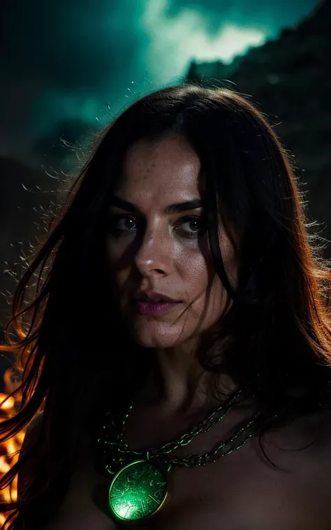 splash art, cover art, from above, masterpiece, best quality, highly detailed, intricate, 8k, sharp focus, portrait of beautiful queen of witch cultlist showing her power, nude, angry, magical rune, magical power, chain, spawn style, very long hair, messy, green purple flaming aura, toxic flame, thunder, storm, epic scene, intense shadow, vfx, dark theme, dragan effect, foreground, by todd mcfarlane, horror lut