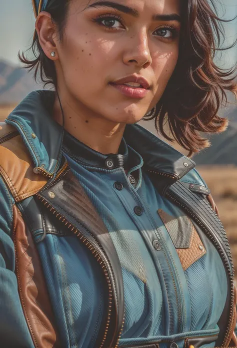 color professional photo of (EmmaBinnya:0.8), uhq, detailed face, piercing eyes, (wearing denim leather jacket with a polo shirt:1.4), best quality, ultra-detailed, solo, contrast, clear sky, analog style (look at viewer:1.2) (skin texture) (film grain:1.3), (Bronze hue, warm tone:1.1), close up, cinematic light, backlighting, ultra high res, best shadow, RAW