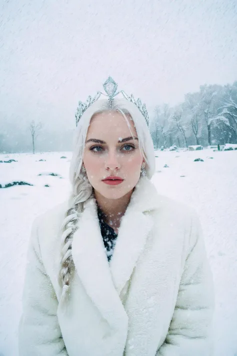 photograph, photo of beautiful woman, elsa from frozen movie, white hair, braided, cleavage, queen outfit, (queen crown), heavy snow, snowy foreground, fog, icebergs, photo grain, cinestill, super 8 film grain, cinematic lut