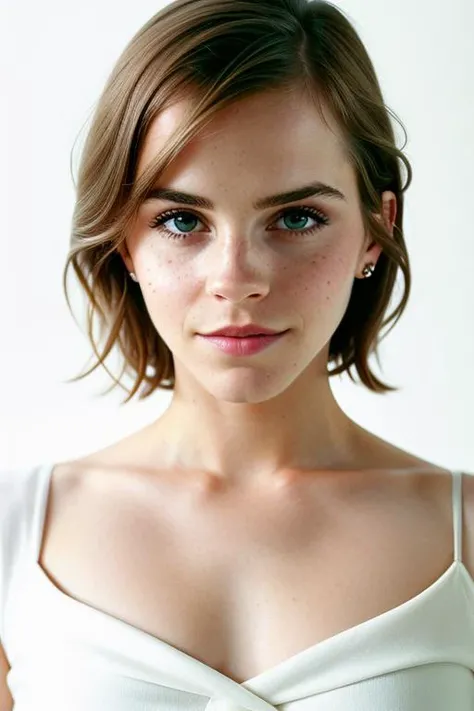 award winning fashion photo, photograph, ultra photorealistic, photorealism, real upper body portrait of Emma Watson, (wearing casual dress), beautiful face, real her body shape, real her face shape, real her eyes color, real her anatomy, (simply white background), beautiful design, from the front, extremely detailed pores and skin texture, amazing fine detail, absurdres, hyper realistic lifelike texture, expressive look, smiling seductively, best quality, sexy, sharp focus, looking at viewer, dramatic lighting, studio lighting, cinestill, film grain, taken with hasselblad H6D 100c, the HCD 24mm lens, by Mario Testino, medium shot