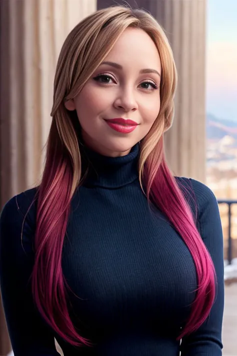 tstrong, smiling, red lipstick, turtleneck, cold, leggings, cozy background
