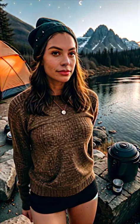 1 woman ((upper body selfie, happy)), masterpiece, best quality, ultra-detailed, solo, outdoors, (night), mountains, nature, (stars, moon) cheerful, happy, backpack, sleeping bag, camping stove, water bottle, mountain boots, gloves, sweater, hat, flashlight, forest, rocks, river, wood, smoke, shadows, contrast, clear sky, analog style (look at viewer:1.2) (skin texture) (film grain:1.3), (warm hue, warm tone:1.2), close up, cinematic light, sidelighting, ultra high res, best shadow, RAW, upper body, wearing pullover