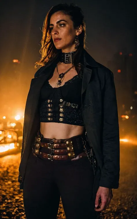 medium shot photo of steampunk detective woman wearing low rise pants crop top and jacket, thigh gap, intricate steampunk city, evening, dark, atmospheric, mist, best quality masterpiece, detailed, 8k, HDR, broad light, high contrast, backlighting, bloom, light sparkles, chromatic aberration, sharp focus, RAW color photo