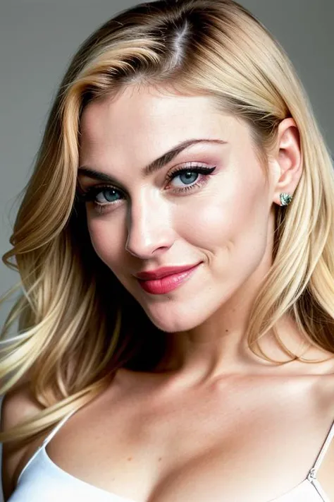 award winning fashion photo, photograph, ultra photorealistic, photorealism, real upper body portrait of madonna, (wearing casual dress), beautiful face, real her body shape, real her face shape, real her eyes color, real her anatomy, (simply white background), beautiful design, from the front, extremely detailed pores and skin texture, amazing fine detail, absurdres, hyper realistic lifelike texture, expressive look, smiling seductively, best quality, sexy, sharp focus, looking at viewer, dramatic lighting, studio lighting, cinestill, film grain, taken with hasselblad H6D 100c, the HCD 24mm lens, by Mario Testino, medium shot