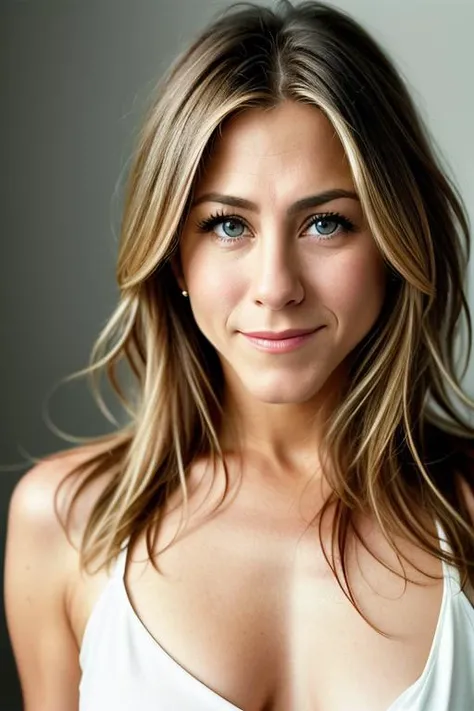 award winning fashion photo, photograph, ultra photorealistic, photorealism, real upper body portrait of Jennifer Aniston, (wearing casual dress), beautiful face, real her body shape, real her face shape, real her eyes color, real her anatomy, (simply white background), beautiful design, from the front, extremely detailed pores and skin texture, amazing fine detail, absurdres, hyper realistic lifelike texture, expressive look, smiling seductively, best quality, sexy, sharp focus, looking at viewer, dramatic lighting, studio lighting, cinestill, film grain, taken with hasselblad H6D 100c, the HCD 24mm lens, by Mario Testino, medium shot