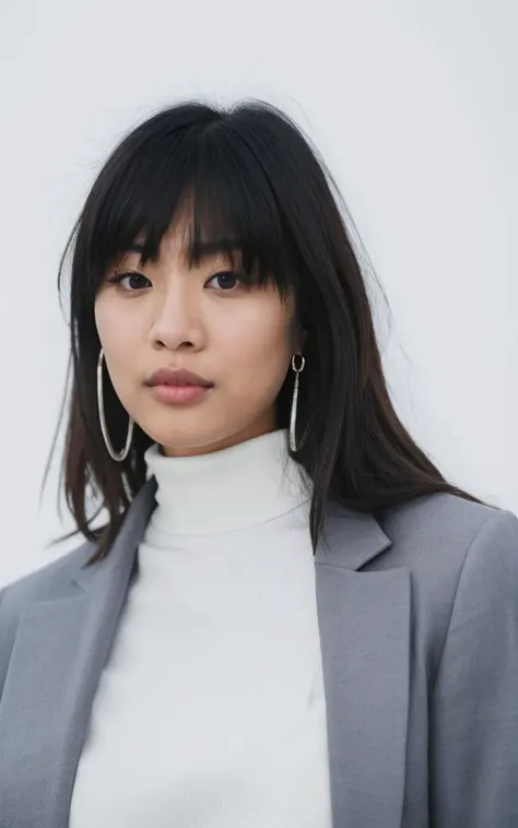 beautiful young asian woman, mid-length dark hair, Shoulder Length Hair with Bangs, subtle makeup, natural look, pensive expression, side glance, white turtleneck shirt, jacket, simple silver hoop earring, (film grain:0.5), dynamic lighting, intricate, (skin pores:0.2), Canon, 35Mm, F/1.2, RAW photo, ultra detailed, real life
