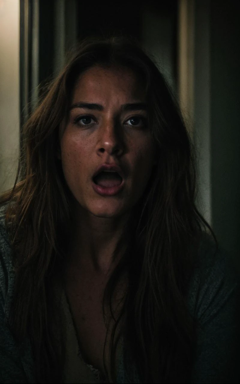 poster style, photo of women in a haunted house, shock expression, medium close-up shot, film grain